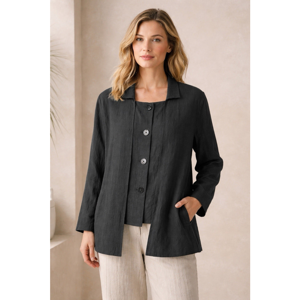 Ischiko Austria Black Ramie Blend Jacket Womens 12 Minimalist Button Pockets EUC